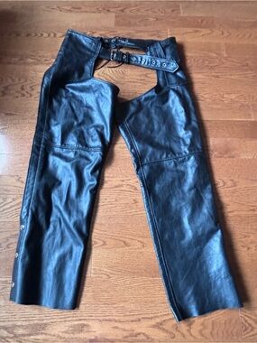 Unik leathers black leather motorcycle chaps men’s 3xl adjustable waist snap leg